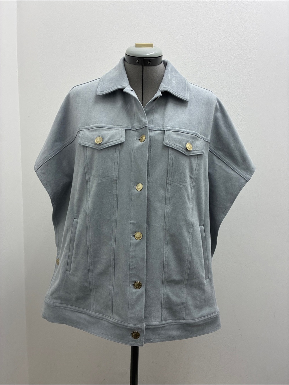 Chico's Pale Blue Button-Front Faux Suede Trucker Cape Vest in Light Pewter Gray